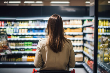 Canvas Print - A woman in a store examines the assortment against the backdrop of beautifully organized shelves, creating a feeling of comfort and shopping atmosphere