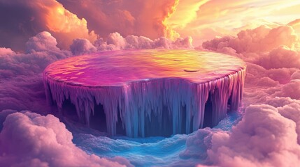 Poster - Surreal floating island with vibrant colors, icicles, and clouds at sunset.