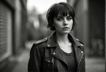 Sticker - A black and white portrait of a girl in a leather jacket, with expressive facial features and powerful energy, reflecting style and personality