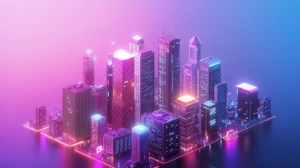 Poster - Isometric neon cityscape at night.