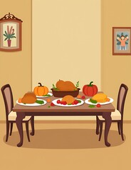 Aufkleber - A Thanksgiving dinner table featuring a traditional homemade meal is illustrated in a vector flat cartoon style with simple design elements.