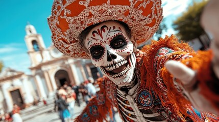a festive skeleton-clad figure rejoices in the midst of cultural celebration, arrayed in traditional