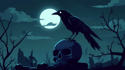 Eerie cartoon crow on skull under moonlight, dark background enhances the haunting atmosphere and adds an unsettling charm. Haunting Crow Silhouette. Illustration