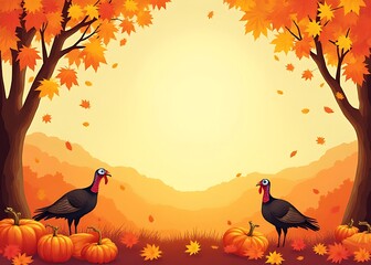 Poster - Autumn leaves and harvest scenes make up this vibrant vector design suitable as a Thanksgiving Day background for decorations.