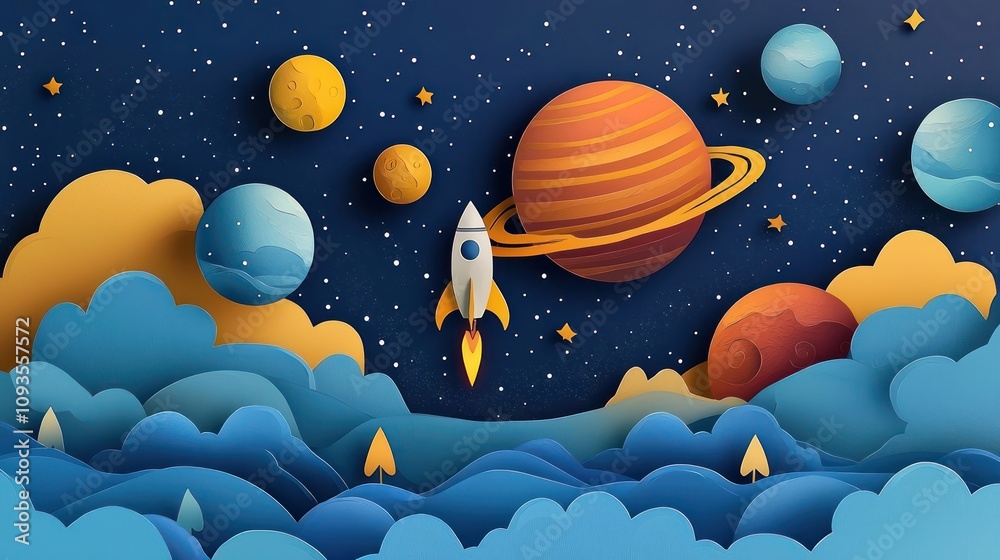 Paper cut solar system model featuring cartoon planets and a rocket in ...