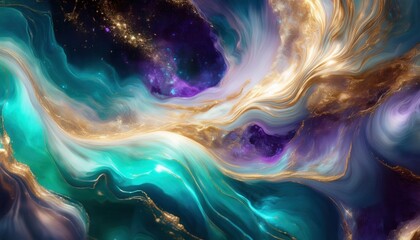 Aufkleber - Enigmatic Swirls of Cosmic Energy. Captivating Abstract Art Depicting Fluid Waves, Ethereal Light, and Glimmering Gold Highlights. Perfect for Meditation, Design Inspiration, and Digital Spaces
