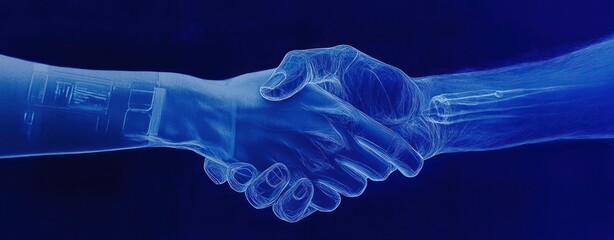 Poster - A digital handshake symbolizing collaboration between humans and technology.