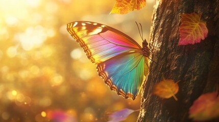 Poster - A vibrant butterfly perched on a tree, surrounded by colorful autumn leaves and warm light.