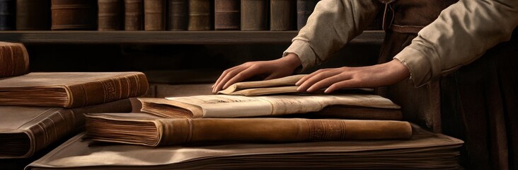 Aufkleber - A person examining old books on a wooden table, highlighting preservation and knowledge.