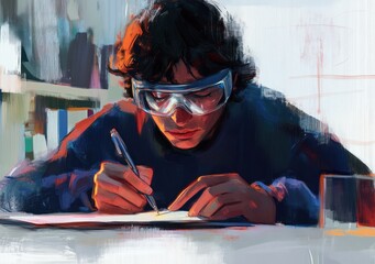 Poster - A young person in goggles focused on writing, surrounded by books and a glass.