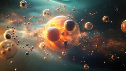 Poster - Atomic structure illustration shows dynamic motion of atoms, electrons in subatomic space. Atoms, nuclei clustered in groups. Concept image for scientific journals. Micro, nano scale universe theme.