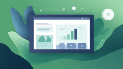 Aufkleber - Digital tablet displaying data visualizations and graphs on a green abstract background.