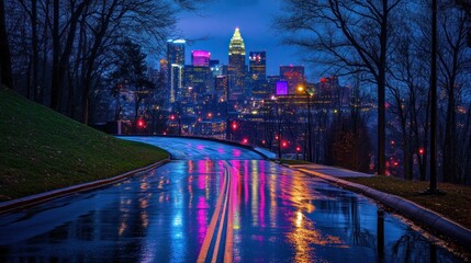 Poster - A vibrant city skyline reflected on a wet road at night, showcasing urban beauty.