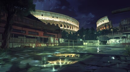 Poster - A nighttime view of an abandoned area with a coliseum backdrop, reflecting on puddles.