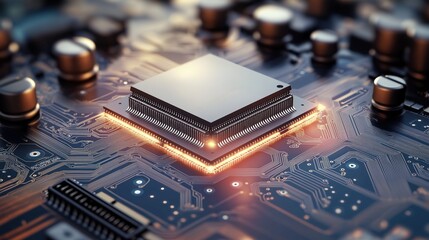 Leinwandbilder - Close-up circuit board with glowing processor. Advanced tech component. Modern electronic device. High-tech computer chip. Complex circuit. Digital device. Modern tech. Electronic components. Future