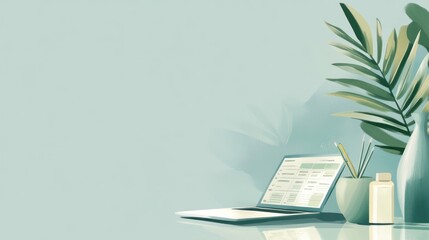 Poster - A serene workspace featuring a laptop, plants, and stationery for productivity.