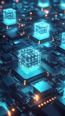 Aufkleber - Futuristic quantum computer processing units. Glowing cubic microchips on circuit board. Entangled qubits form network. Advanced computing tech concept. Abstract illustration of quantum bits. Neon