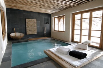 Poster - A serene indoor spa area featuring a small pool and relaxation space.
