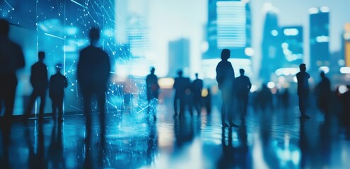 Poster - Silhouetted figures against a digital cityscape, symbolizing technology and connectivity.