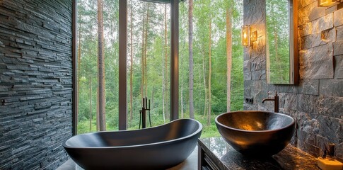 Fototapete - A modern bathroom with a scenic forest view, featuring a freestanding tub and stone accents.