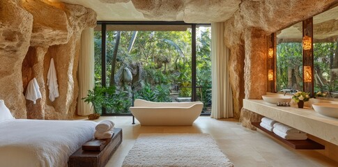 Poster - A serene, nature-inspired bathroom featuring natural stone and large windows.