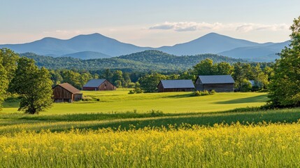 Poster - Scenic landscape featuring mountains, barns, and a field of wildflowers under a clear sky.