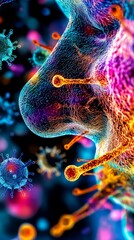Wall Mural - a close up of a person's face with a coronavirus in the background