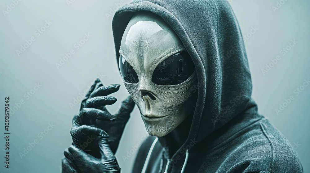An alien figure in a hooded jacket and gloves, with a mysterious and ...
