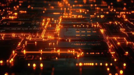 Aufkleber - A vibrant digital circuit board with glowing orange pathways and connections.