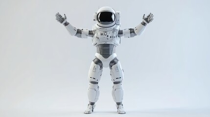 Fototapete - A futuristic humanoid robot in a spacesuit, arms raised as if celebrating or greeting.