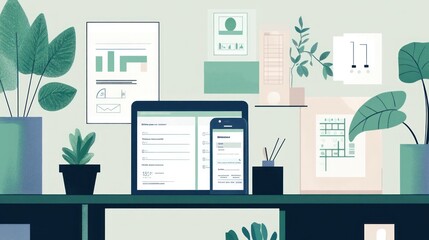 Poster - A modern workspace featuring plants, a laptop, and organized documents for productivity.