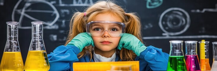 Aufkleber - A young girl in safety goggles explores science with colorful liquids in a lab setting.
