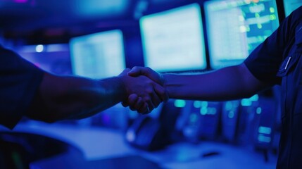 Aufkleber - Two individuals shaking hands in a high-tech control room with glowing screens.