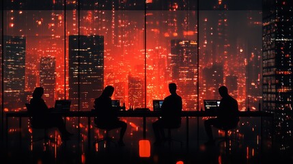 Poster - Silhouetted figures in a dark room overlooking a vibrant, illuminated cityscape.