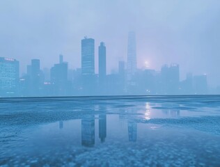 Aufkleber - A foggy city skyline reflected in water, creating a serene, atmospheric scene.