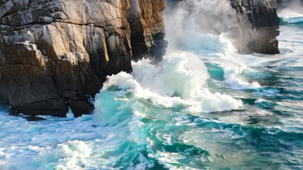 Wall Mural - A close-up view of waves crashing against a rugged cliff face during a stormy sea, Waves crashing against rugged cliffs, creating a mesmerizing display of power and beauty