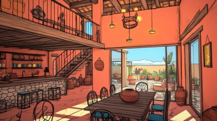 Aufkleber - A vibrant interior of a rustic home featuring a dining area and open patio.