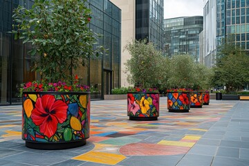 Poster - Colorful planters with flowers enhance a modern urban landscape.