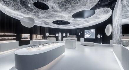 Poster - A modern, minimalist exhibition space showcasing glassware and design elements.