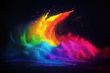 Poster - Vibrant rainbow Holi powder explosion on dark background. Colorful powder bursts in dynamic, abstract form. Dynamic design with motion, colorful particles. Festive, creative illustration suitable for