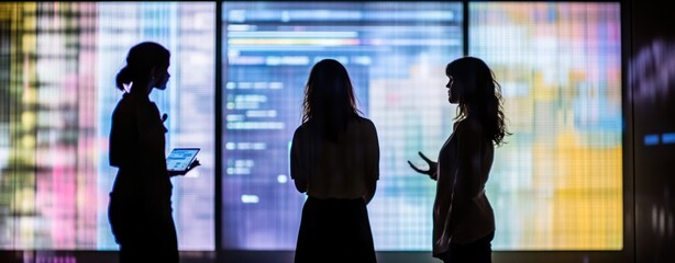 Poster - Silhouettes of three women discussing in front of a colorful digital display.