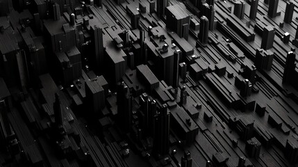 Poster - Abstract dark 3D rendering of geometric shapes, resembling a futuristic city or circuit board.