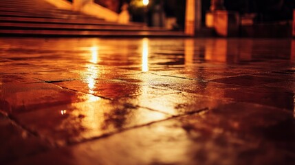 Poster - A wet tiled surface reflecting light in a dimly lit environment.