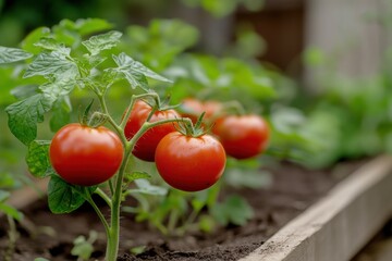 Poster - Freshly harvested tomatoes thrive in a garden bed filled with lush greens, showcasing a bountiful harvest in summer daylight. Generative AI