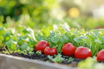 Poster - A flourishing garden bed features red tomatoes and crisp greens under warm sunlight, showcasing healthy growth and abundance. Generative AI
