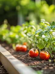 Aufkleber - Ripe tomatoes rest among vibrant green leaves in a flourishing garden bed under warm sunlight, highlighting the beauty of homegrown produce. Generative AI