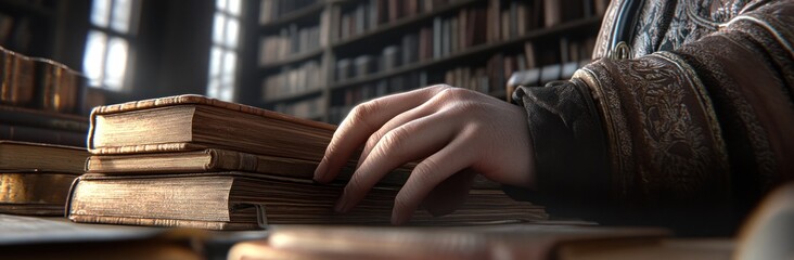 Aufkleber - A hand rests on stacked books in a library setting, emphasizing knowledge and learning.
