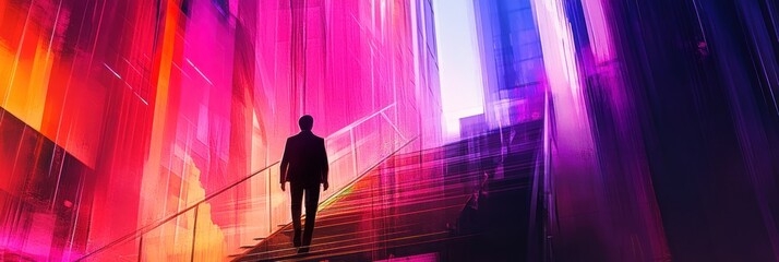 Poster - A silhouetted figure ascends colorful, illuminated stairs in a vibrant urban setting.
