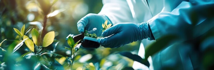 Poster - A scientist examines a plant specimen in a laboratory setting.