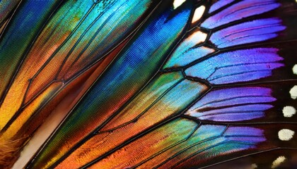Poster - Close-Up of a Vibrant Butterfly Wing Showcasing Iridescent Scales. Exploring the Science of Structural Color and Its Application in Biomimicry, Art, and Design for Futuristic Innovations
